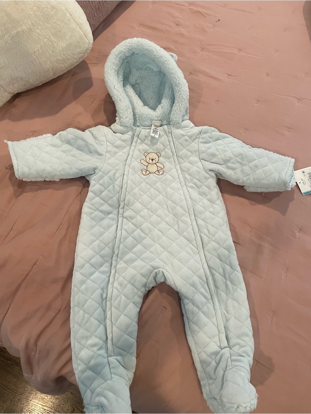 Little Me Light Blue Quilted Teddy Hooded One-Piece